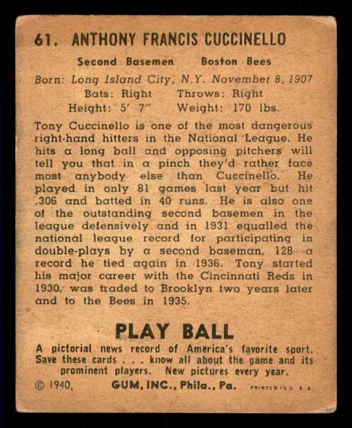 1940 Play Ball #061 Tony Cuccinello Braves VG 533652