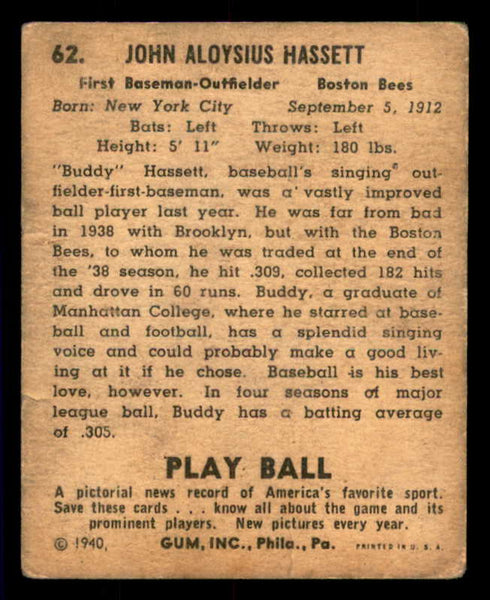 1940 Play Ball #062 Buddy Hassett Braves VG 533653