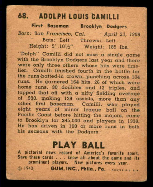 1940 Play Ball #068 Dolph Camilli Dodgers VG 533655