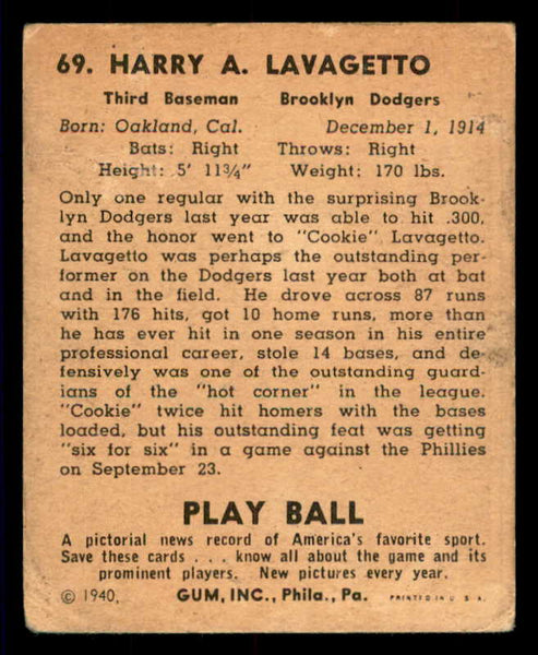 1940 Play Ball #069 Cookie Lavagetto Dodgers VG 533656