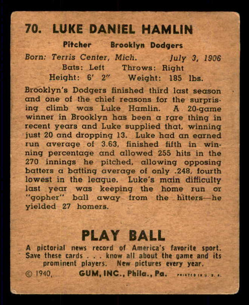 1940 Play Ball #070 Luke Hamlin Dodgers Good 533657