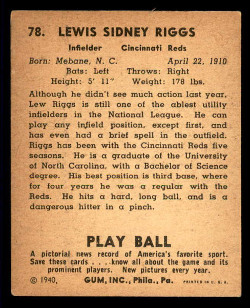 1940 Play Ball #078 Lew Riggs Reds EX 533658