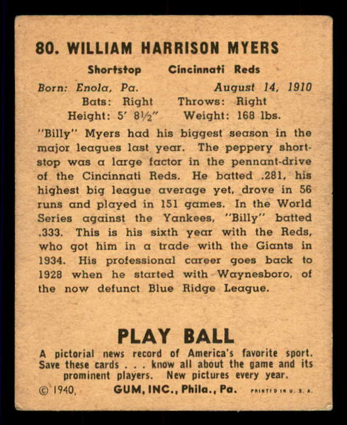 1940 Play Ball #080 Bill Myers Reds GD-VG 533659