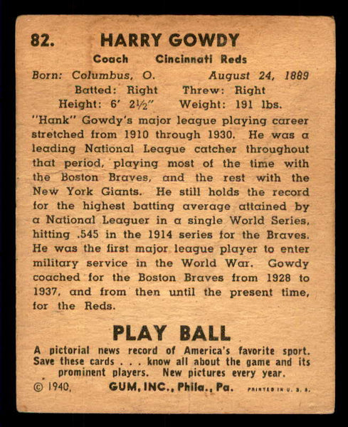1940 Play Ball #082 Hank Gowdy Reds Fair 533660