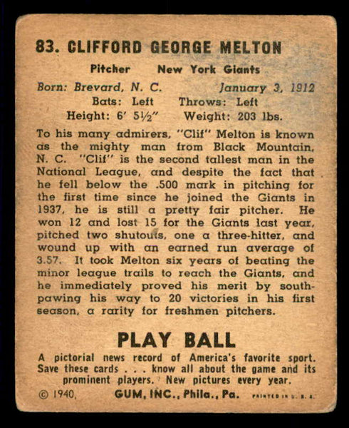1940 Play Ball #083 Cliff Melton Giants VG 533661