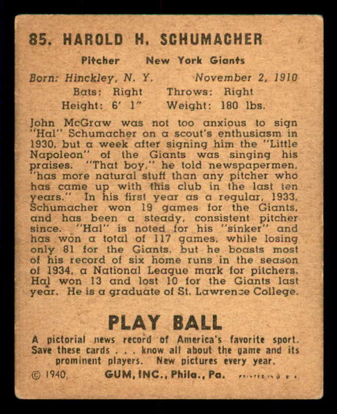 1940 Play Ball #085 Hal Schumacher Giants VG-EX 533663
