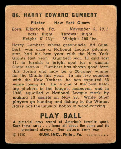 1940 Play Ball #086 Harry Gumbert Giants VG 533664
