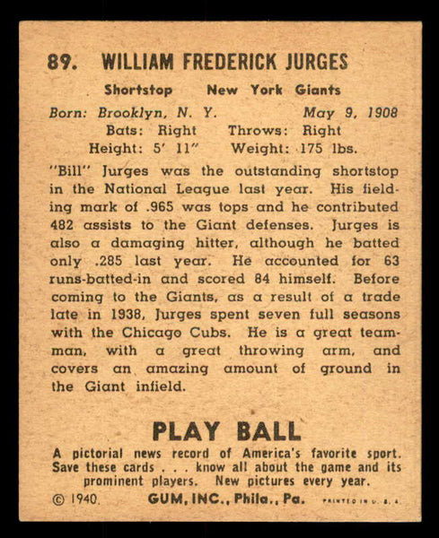 1940 Play Ball #089 Billy Jurges Giants VG erasure 533665