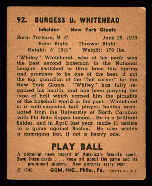 1940 Play Ball #092 Burgess Whitehead Giants VG 533667