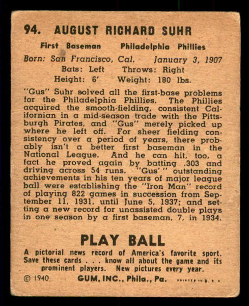 1940 Play Ball #094 Gus Suhr Phillies VG/VG-EX 533668