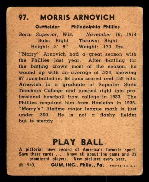 1940 Play Ball #097 Morrie Arnovich Phillies FR-GD 533669