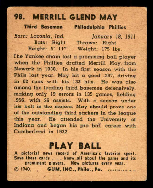 1940 Play Ball #098 Pinky May Phillies GD-VG 533670