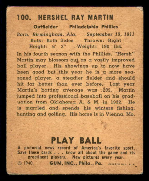 1940 Play Ball #100 Hersh Martin Phillies VG/VG-EX 533672