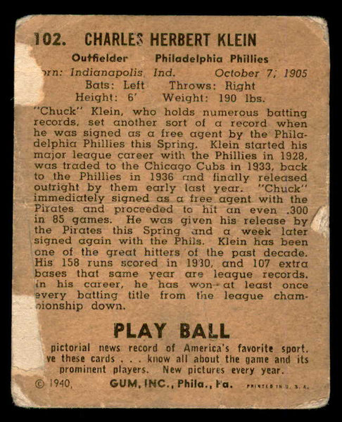 1940 Play Ball #102 Chuck Klein Phillies Low Grade 533673