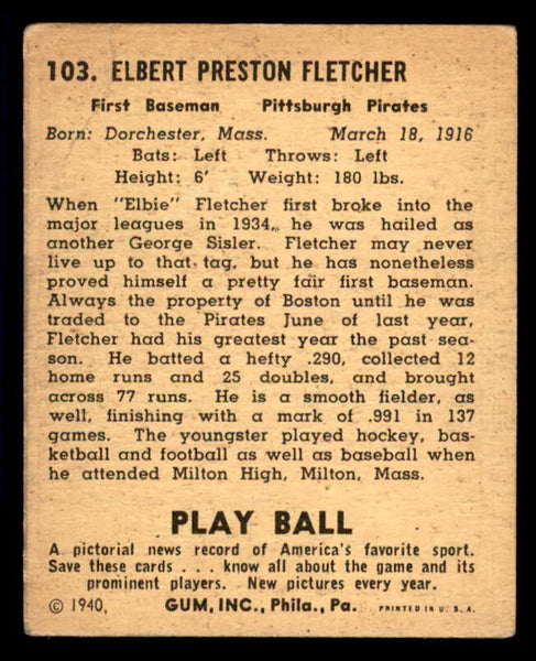 1940 Play Ball #103 Elbie Fletcher Pirates VG 533674