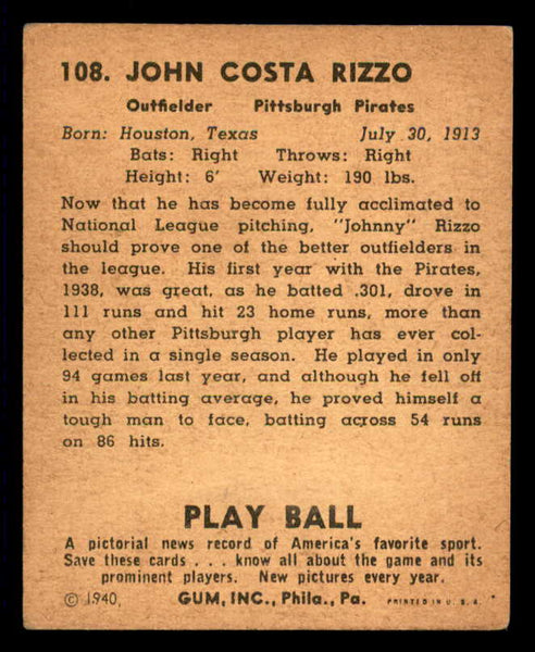 1940 Play Ball #108 Johnny Rizzo Pirates VG-EX 533676