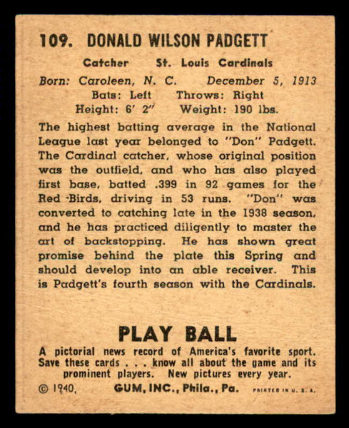 1940 Play Ball #109 Don Padgett Cardinals GD-VG 533677