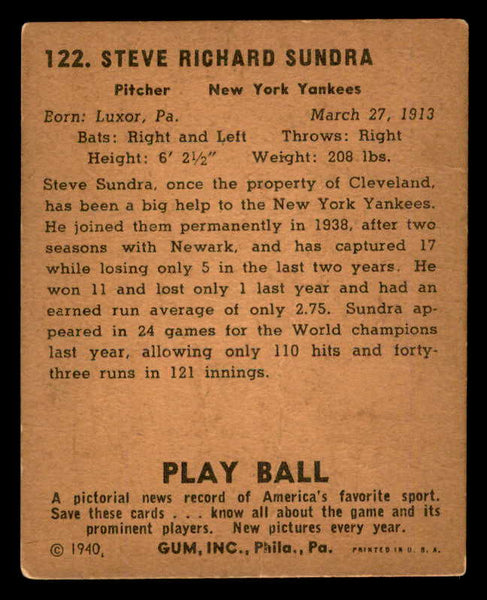 1940 Play Ball #122 Steve Sundra Yankees Good 533679