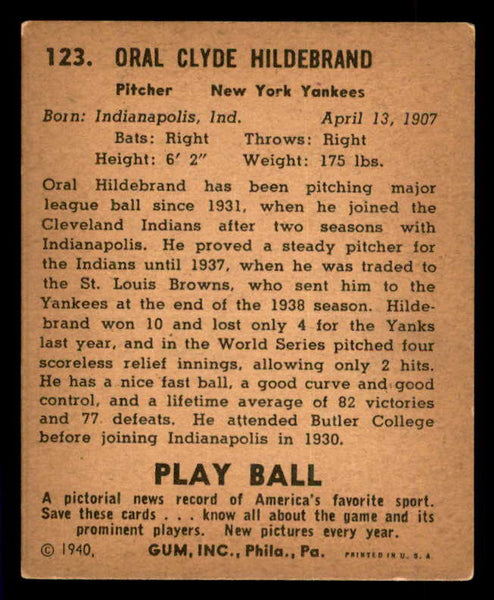 1940 Play Ball #123 Oral Hildebrand Yankees VG-EX 533680