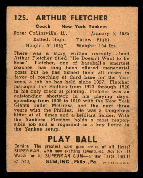 1940 Play Ball #125 Art Fletcher Yankees VG-EX 533681