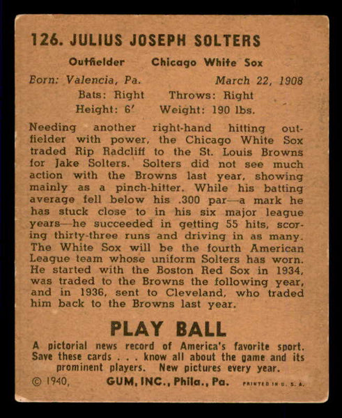 1940 Play Ball #126 Jake Solters White Sox VG-EX 533682