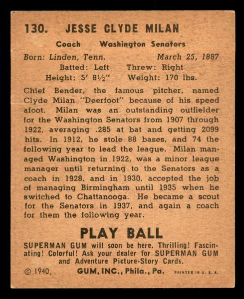 1940 Play Ball #130 Clyde Milan Senators Good 533685