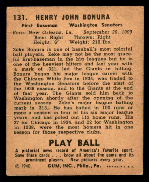 1940 Play Ball #131 Zeke Bonura Senators Good 533686