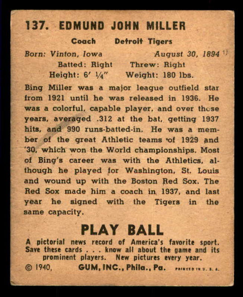 1940 Play Ball #137 Bing Miller Tigers VG 533687