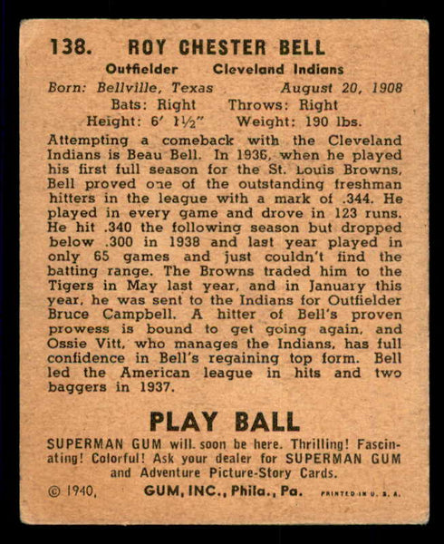 1940 Play Ball #138 Beau Bell Indians VG-EX 533688