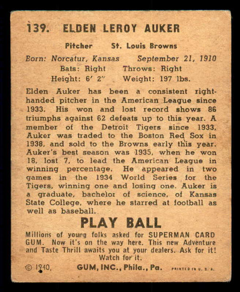 1940 Play Ball #139 Elden Auker Browns VG-EX 533689