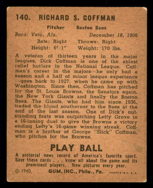 1940 Play Ball #140 Dick Coffman Braves VG-EX 533690
