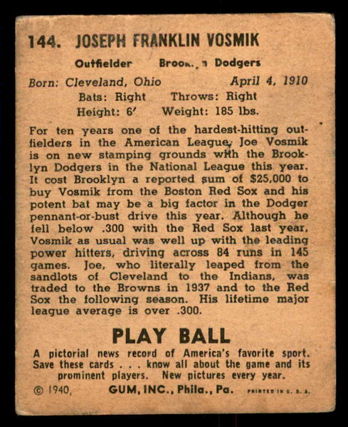 1940 Play Ball #144 Joe Vosmik Dodgers VG 533691
