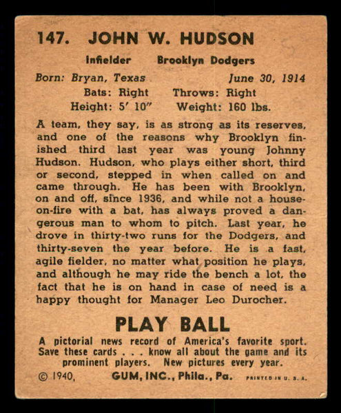 1940 Play Ball #147 Johnny Hudson Dodgers GD-VG 533694