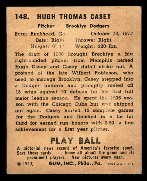 1940 Play Ball #148 Hugh Casey Dodgers GD-VG scuff back 533695