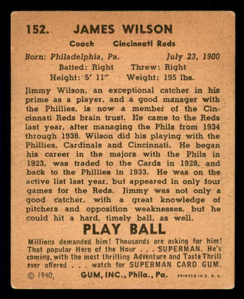 1940 Play Ball #152 Jimmy Wilson Reds EX 533696
