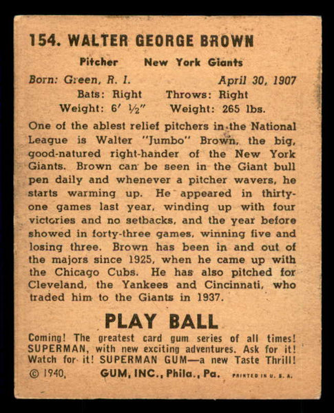 1940 Play Ball #154 Jumbo Brown Giants VG-EX 533697