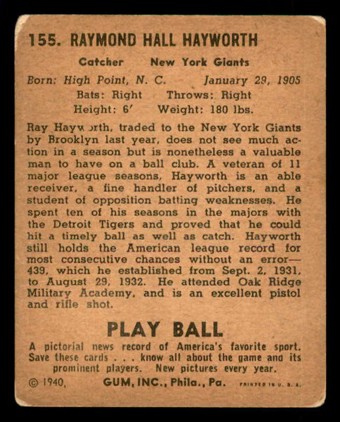 1940 Play Ball #155 Ray Hayworth Giants GD-VG 533698