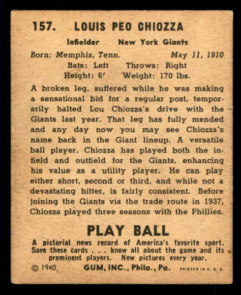 1940 Play Ball #157 Lou Chiozza Giants GD-VG/VG 533699