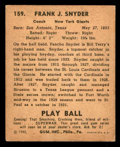 1940 Play Ball #159 Pancho Snyder Giants VG-EX 533700