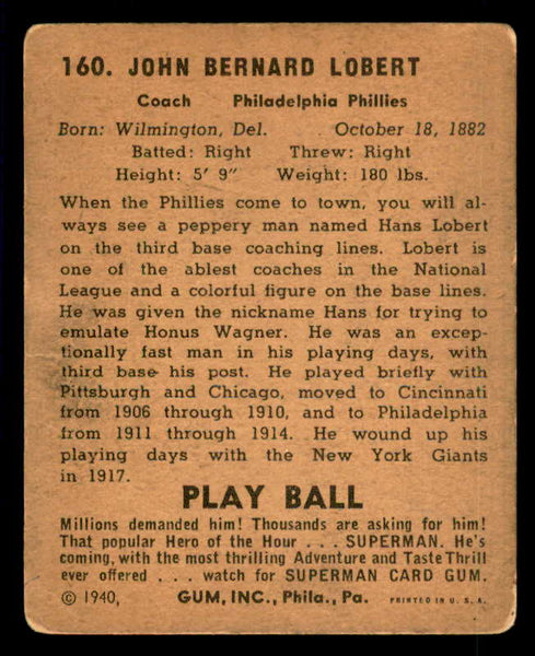 1940 Play Ball #160 Hans Lobert Phillies VG 533701