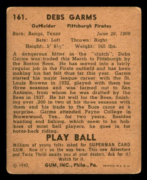 1940 Play Ball #161 Debs Garms Pirates VG 533702