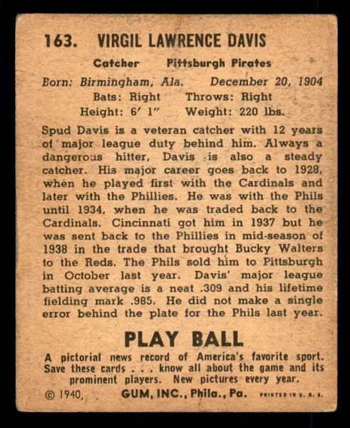 1940 Play Ball #163 Spud Davis Pirates VG/VG-EX 533704