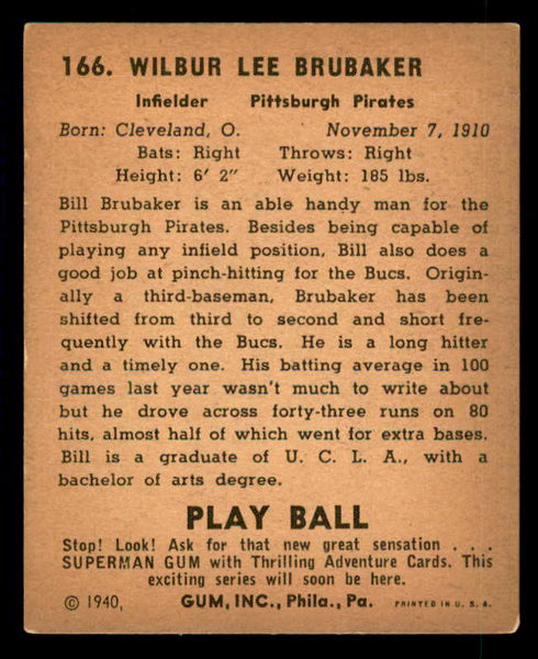 1940 Play Ball #166 Bill Brubaker Pirates VG-EX/EX 533706