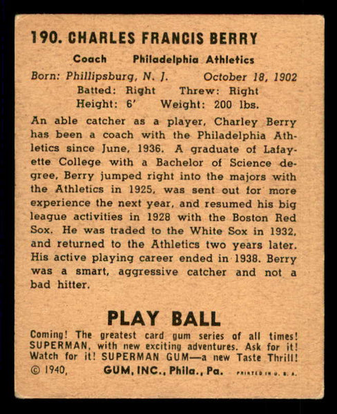 1940 Play Ball #190 Charlie Berry A's VG-EX 533708