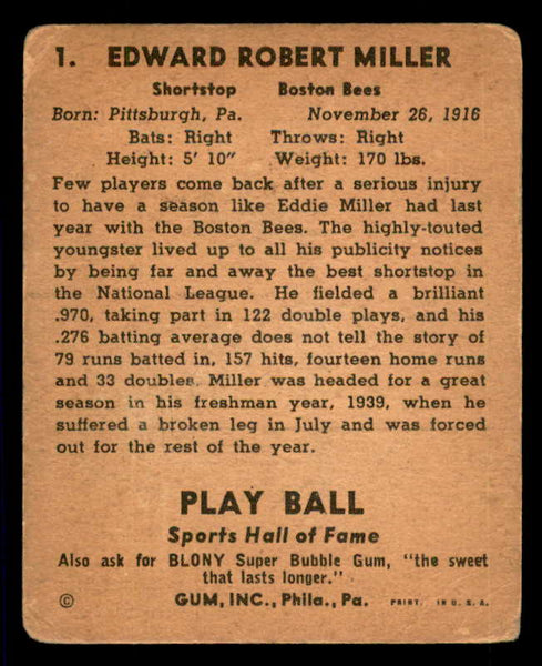 1941 Play Ball #001 Eddie Miller Braves GD-VG 533713