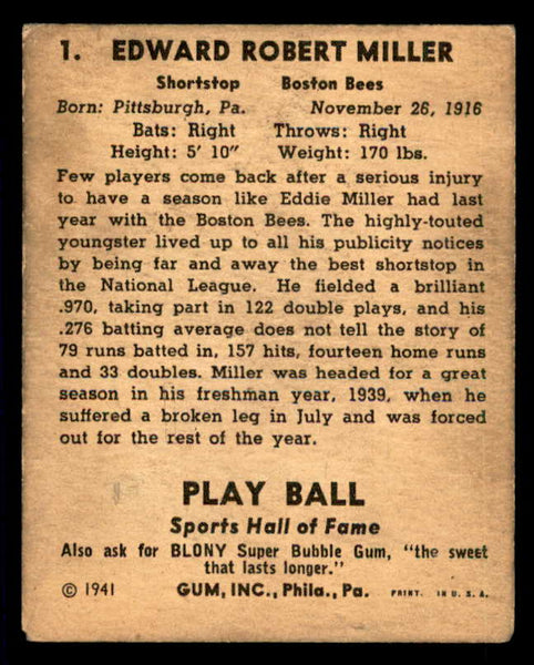 1941 Play Ball #001 Eddie Miller Braves GD-VG/VG 533714