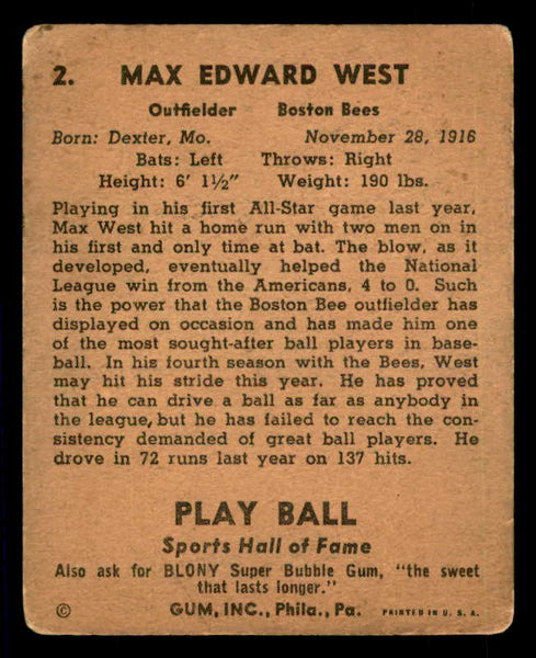 1941 Play Ball #002 Max West Braves VG 533715