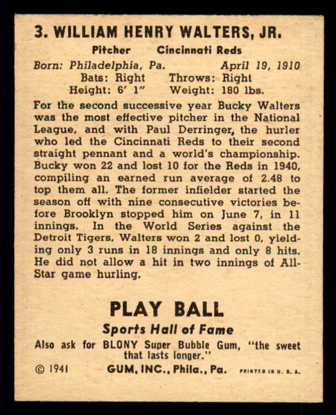 1941 Play Ball #003 Bucky Walters Reds Good 533716