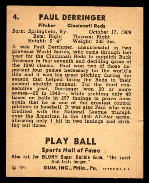 1941 Play Ball #004 Paul Derringer Reds Good 533717