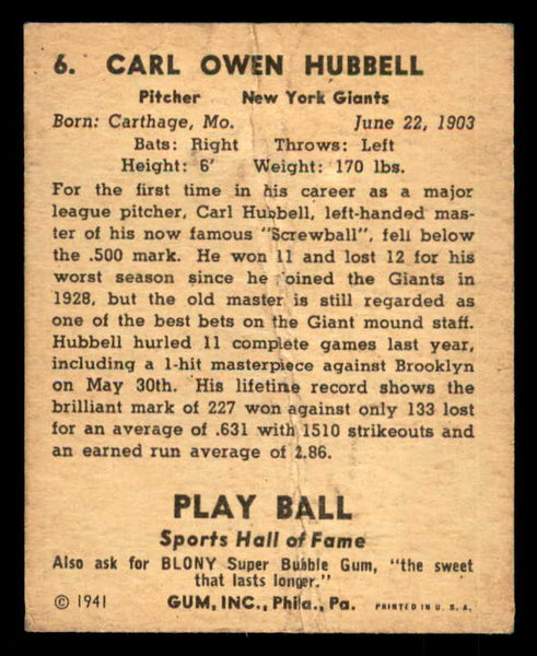 1941 Play Ball #006 Carl Hubbell Giants FR-GD 533720
